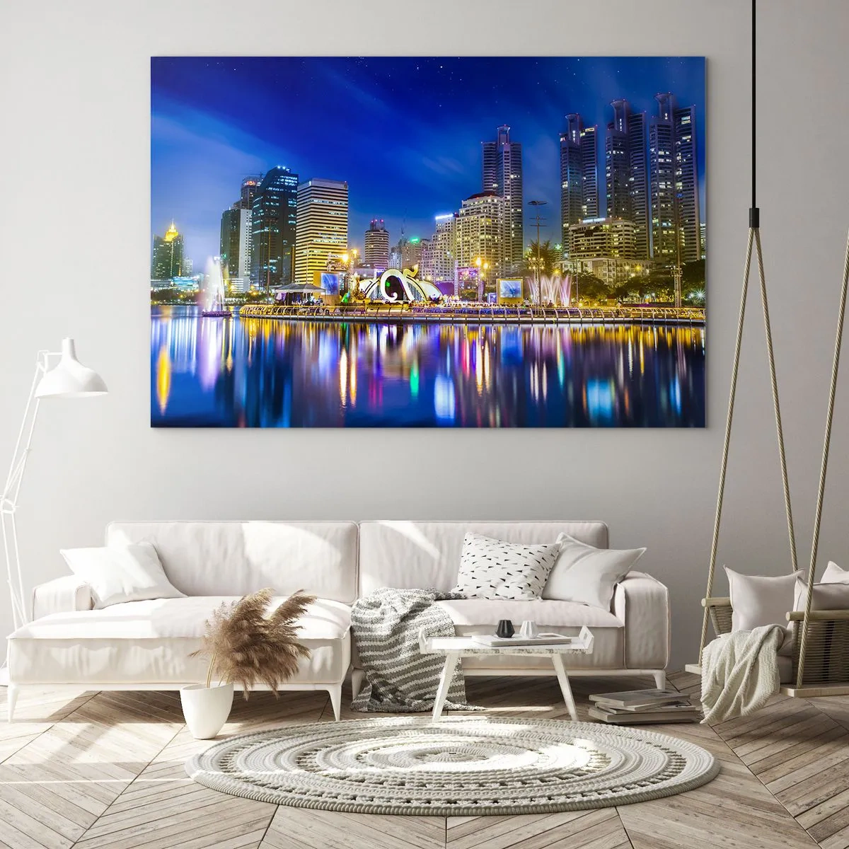 Tablou pe sticlă - Panoramă a orașului noaptea, cu luminile reflectate în apă - 70x50cm - Noaptea de curcubeu a metropolei - Decorațiune modernă pentru perete pentru living și dormitor ARTTOR