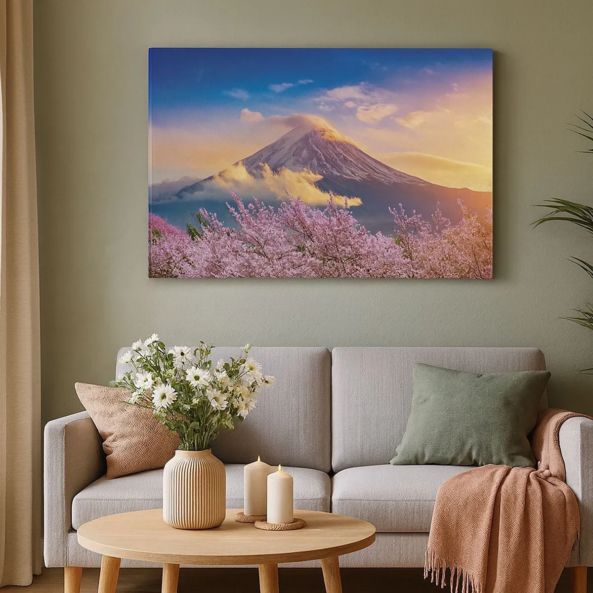 Tablou pe pânză Canvas - Muntele Fuji cu flori de cireș în fundal la apus - 70x50cm - Sfințenia japoneză - Decorațiune modernă pentru perete pentru living și dormitor ARTTOR