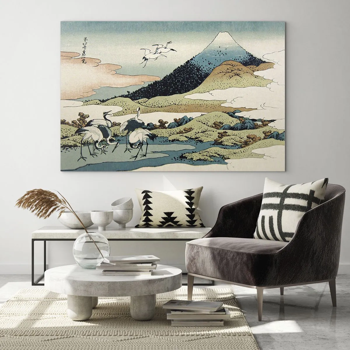 Tablou pe sticlă - O pictură reprezentând păsări într-un peisaj japonez cu vedere la Muntele Fuji. - 70x50cm - În mod japonez - Decorațiune modernă pentru perete pentru living și dormitor ARTTOR