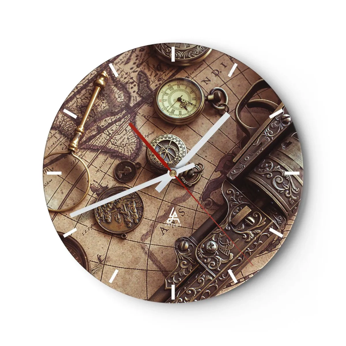Ceas de perete - Ceas pe sticlă - O hartă stilizată cu busolă, monede și arme ornamentate. - 30x30cm - Sugestii de aventură - Decorațiune modernă pentru perete pentru living, bucătărie și dormitor ARTTOR