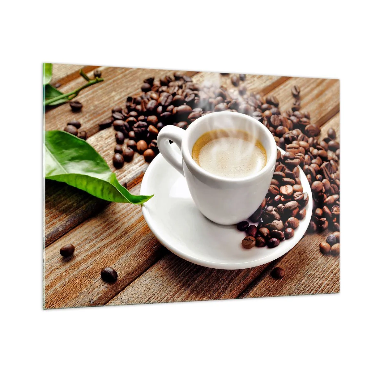 Tablou pe sticlă - Cafea pe bancă - 100x70 cm