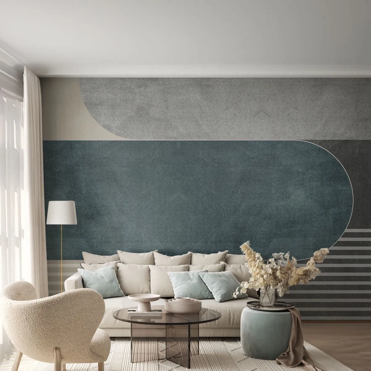 Tapet Standard Eco - Compoziție geometrică în nuanțe de gri și verde - 100x70cm - Compoziție de nivel - Decorațiune modernă pentru perete pentru living și dormitor ARTTOR