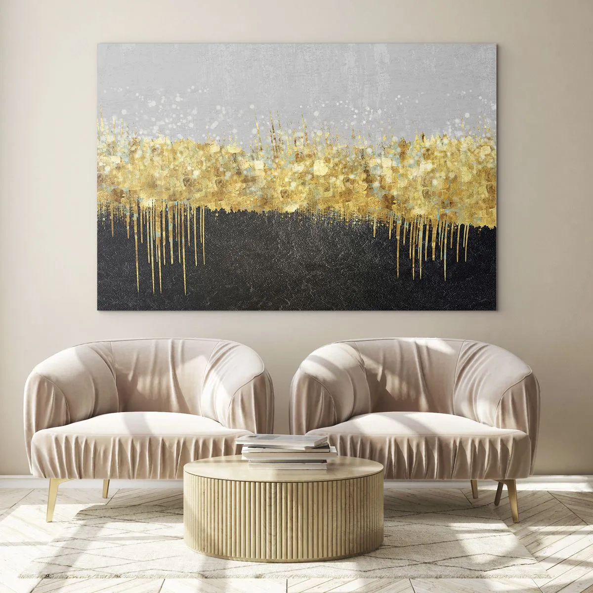 Tablou pe sticlă - Abstracție aurie cu contrast negru și gri - 70x50cm - Înăuntru și în sus - Decorațiune modernă pentru perete pentru living și dormitor ARTTOR