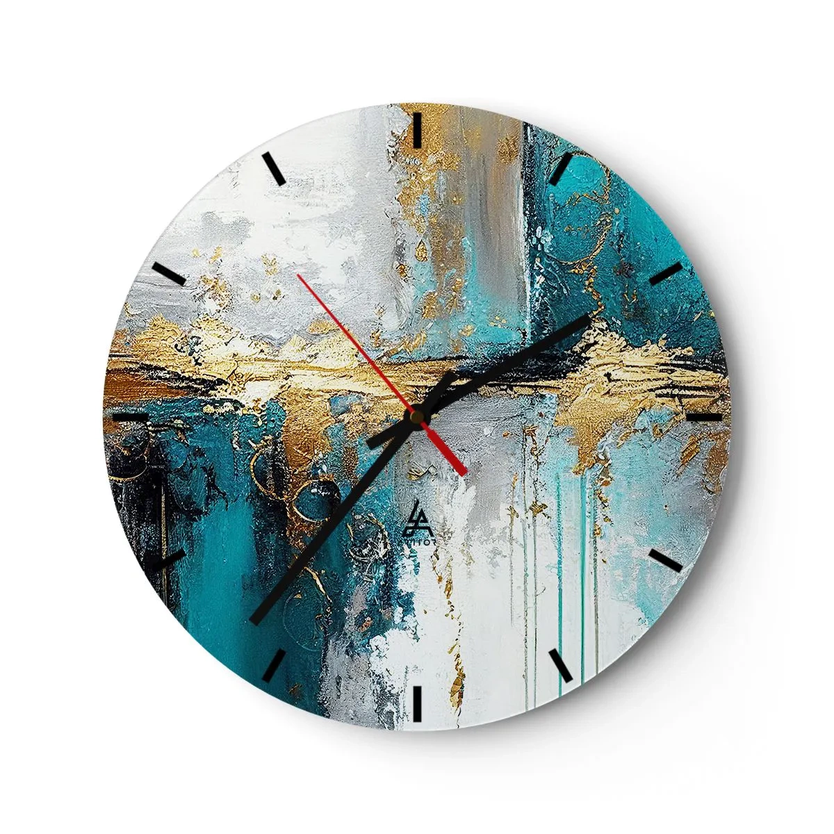 Ceas de perete - Ceas pe sticlă - Tușe abstracte de vopsea în turcoaz, alb și auriu - 30x30cm - Totul curge - Decorațiune modernă pentru perete pentru living, bucătărie și dormitor ARTTOR
