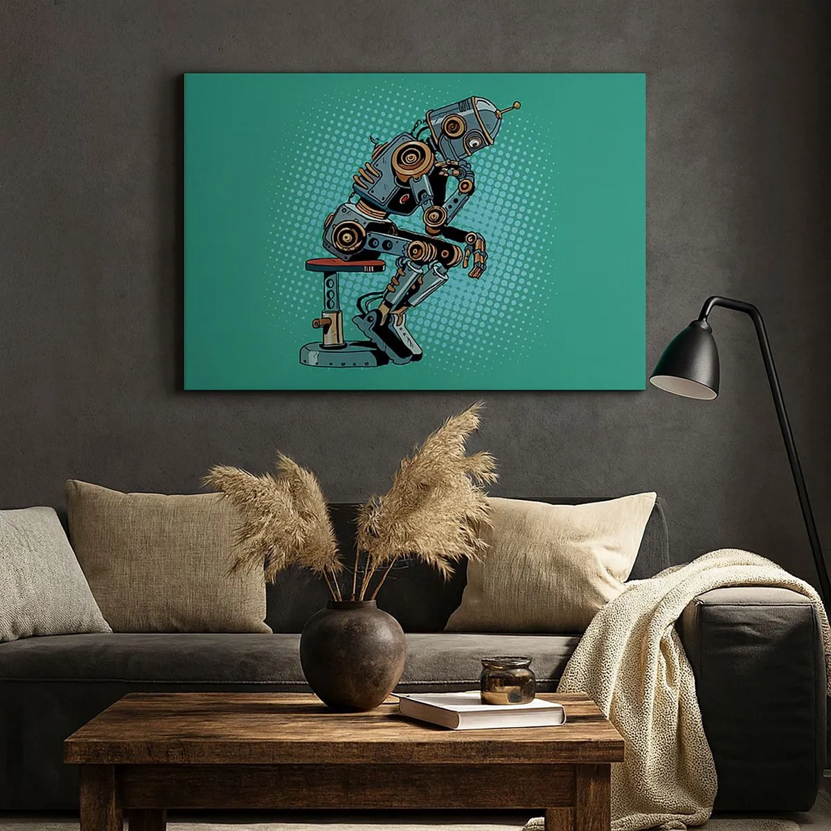 Tablou pe pânză Canvas - Robot gânditor în stil pop art pe fundal verde - 70x50cm - Peste esența ființei - Decorațiune modernă pentru perete pentru living și dormitor ARTTOR