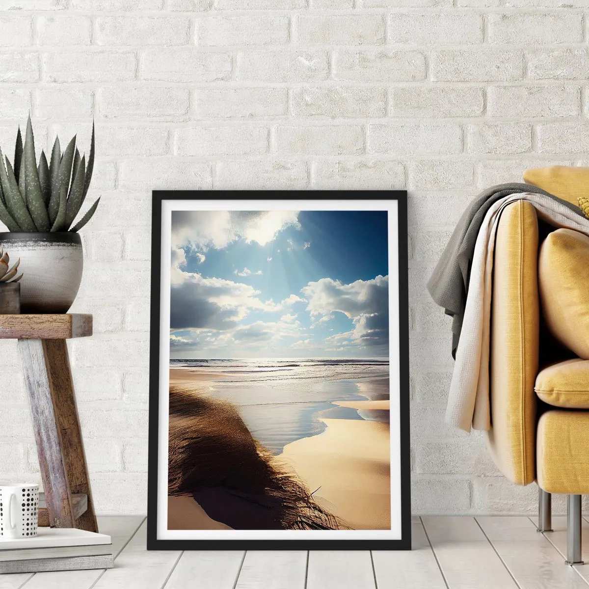 Poster în ramă neagră - Plajă la apus cu valuri și nori - 50x70cm - Plajă sălbatică - Decorațiune modernă pentru perete pentru living și dormitor ARTTOR