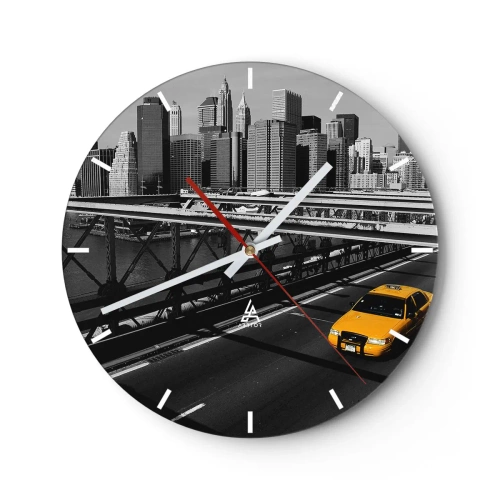 Ceas de perete - Ceas pe sticlă - Un taxi galben pe un fundal de oraș alb-negru - 30x30cm - Culorile marelui oraș - Decorațiune modernă pentru perete pentru living, bucătărie și dormitor ARTTOR