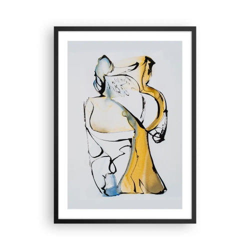 Poster în ramă neagră - O figură abstractă în negru, galben și albastru, care exprimă mișcare și emoție. - 50x70cm - Abstracție de sticlă - Decorațiune modernă pentru perete pentru living și dormitor ARTTOR