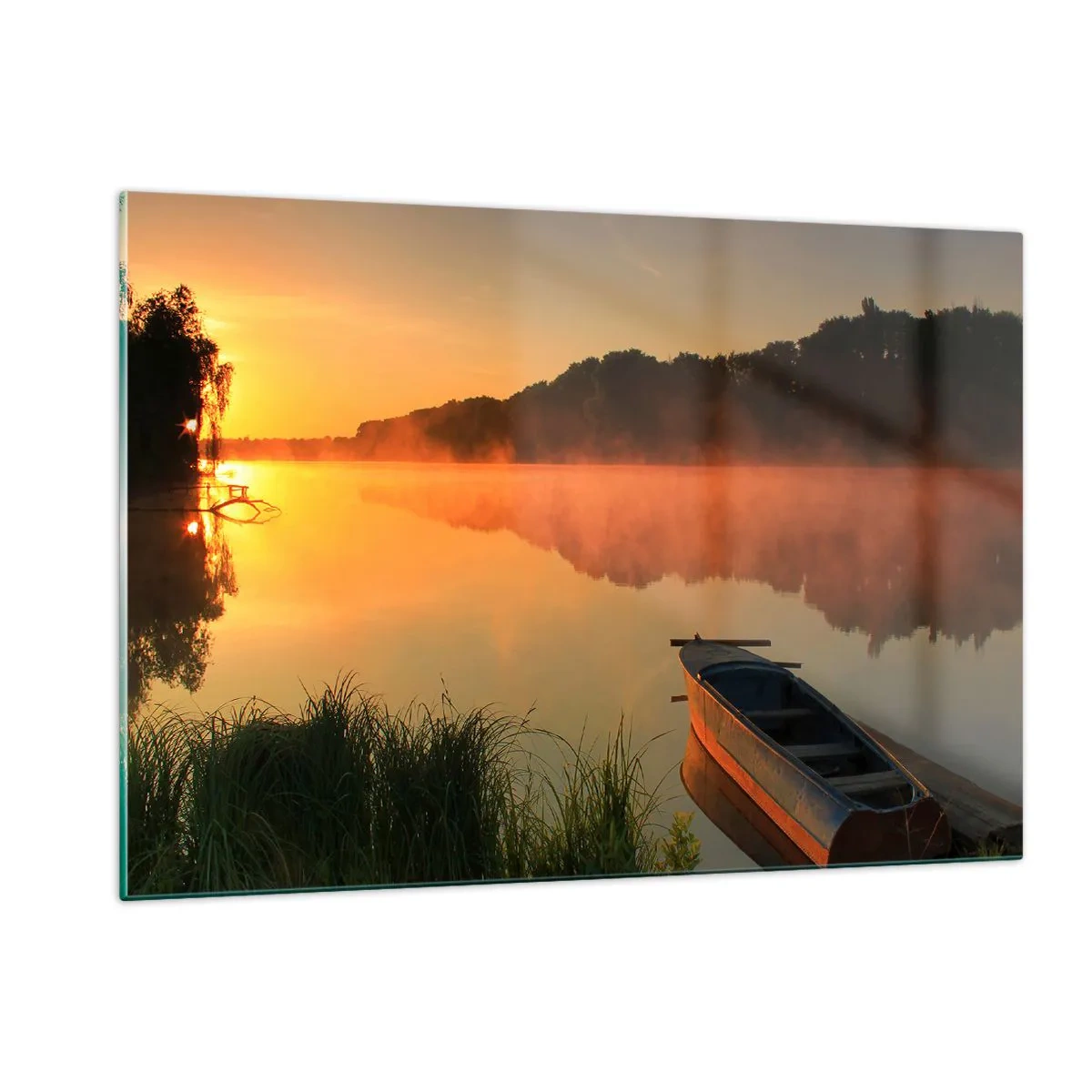 Tablou pe sticlă - Răsăritul soarelui peste apă ca un strat de oglindă - 120x80 cm