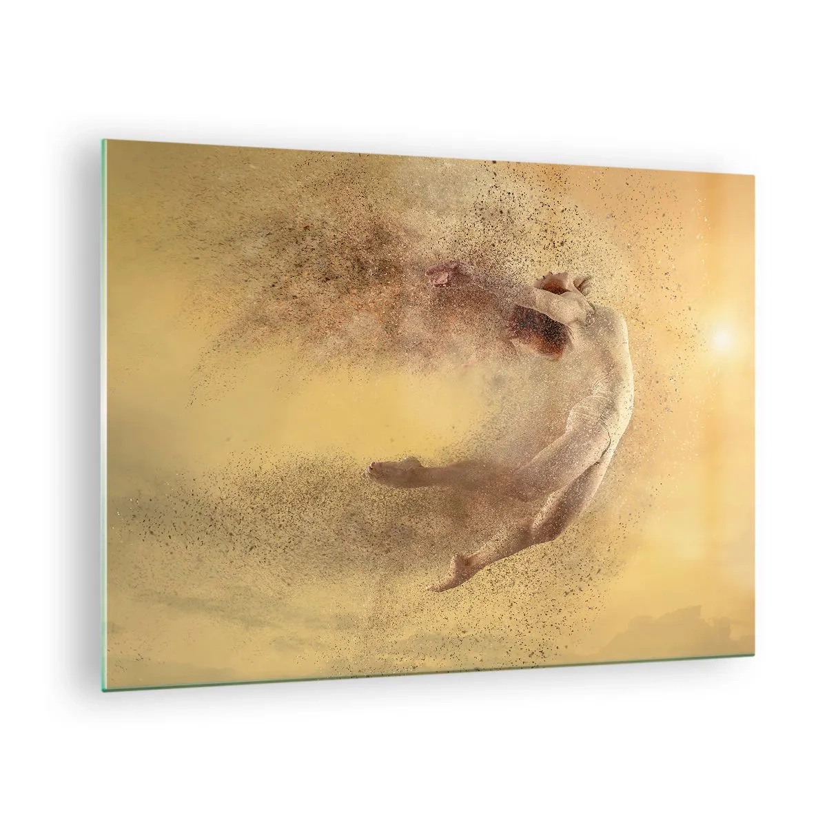 Tablou pe sticlă - O dansatoare într-o compoziție dinamică pe un fundal auriu - 70x50cm - În exaltare de dans - Decorațiune modernă pentru perete pentru living și dormitor ARTTOR