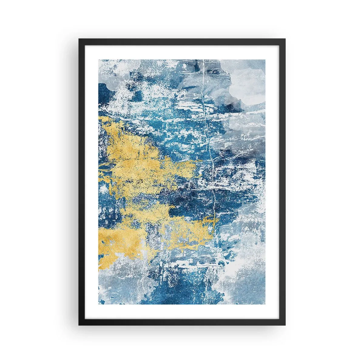 Poster în ramă neagră - Compoziție abstractă de albastru și auriu în textură - 50x70cm - Abstracție de vreme - Decorațiune modernă pentru perete pentru living și dormitor ARTTOR