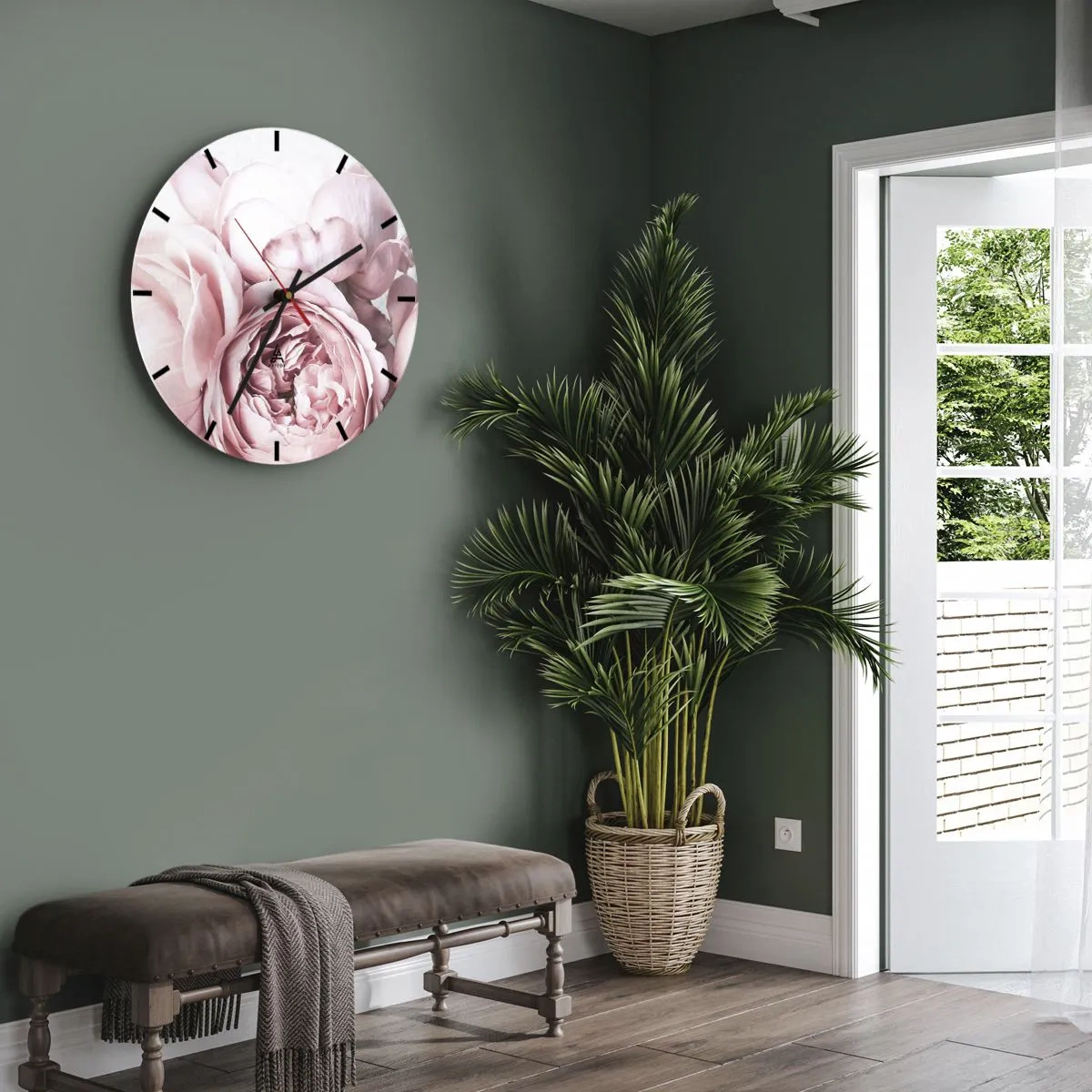 Ceas de perete - Ceas pe sticlă - Bujori roz delicați în prim-plan - 30x30cm - Pentru romantici - Decorațiune modernă pentru perete pentru living, bucătărie și dormitor ARTTOR