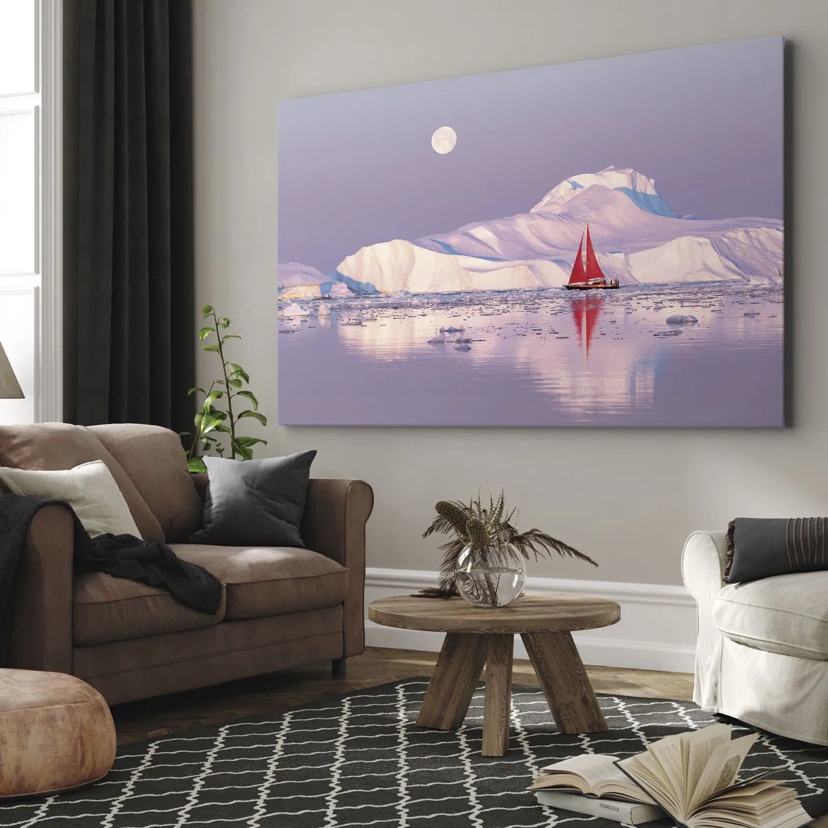 Tablou pe pânză Canvas - O velă roșie pe fundalul munților înghețați și al lunii pline. - 70x50cm - Căldura pânzei, frigul gheții - Decorațiune modernă pentru perete pentru living și dormitor ARTTOR