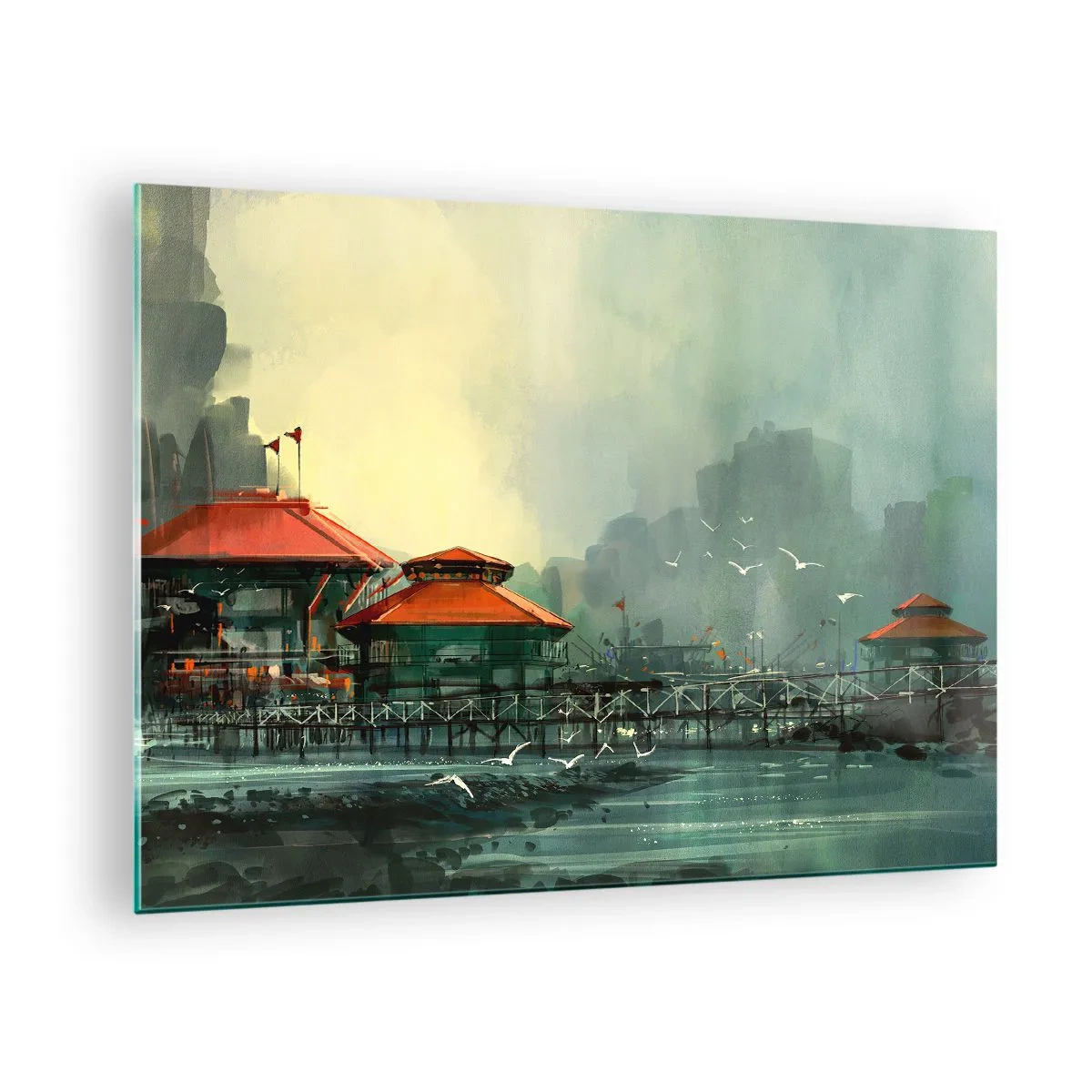 Tablou pe sticlă - Clădiri portuare cu acoperișuri roșii pe fundalul ceții - 70x50cm - O zi ploioasă în port - Decorațiune modernă pentru perete pentru living și dormitor ARTTOR