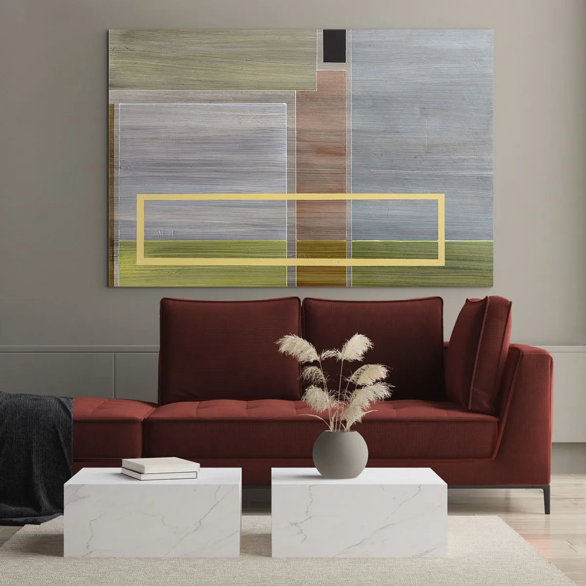 Tablou pe sticlă - Abstracție modernă cu forme dreptunghiulare și culori pământii - 70x50cm - Drept și liniștit - Decorațiune modernă pentru perete pentru living și dormitor ARTTOR