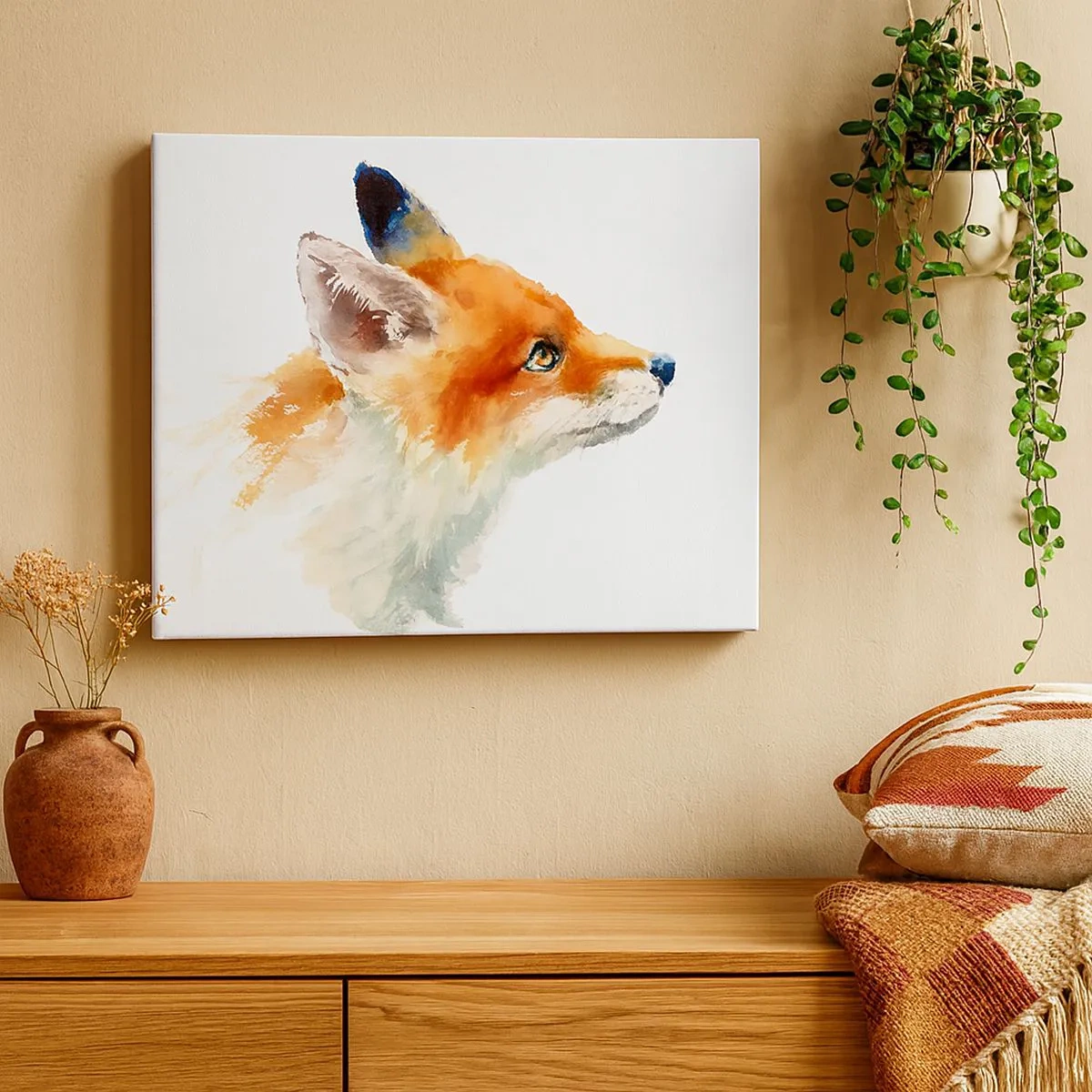 Tablou pe pânză Canvas - Vulpe roșie în stil acuarelă pe fundal alb - 70x50cm - Nu poți fi niciodată prea atent - Decorațiune modernă pentru perete pentru living și dormitor ARTTOR