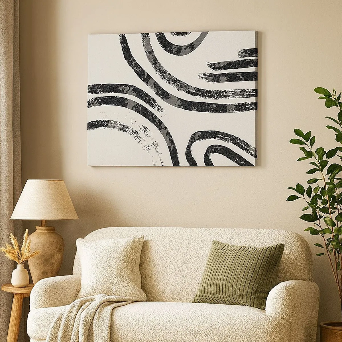 Tablou pe pânză Canvas - Linii abstracte alb-negru pe un fundal deschis - 70x50cm - Pe jumătate oprit - Decorațiune modernă pentru perete pentru living și dormitor ARTTOR