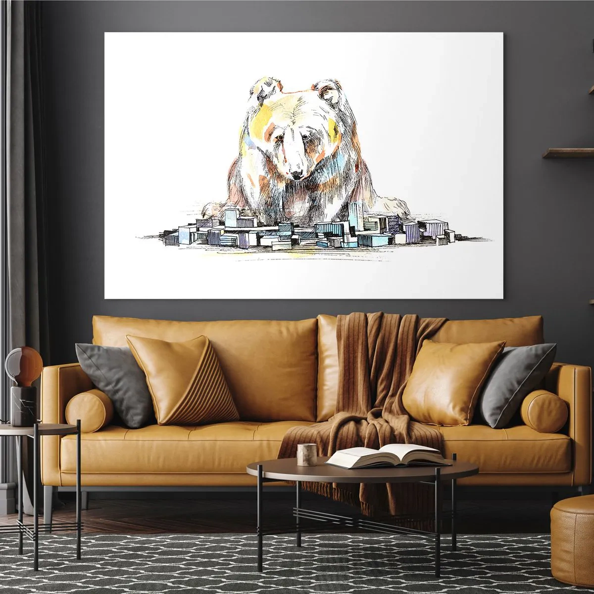 Tablou pe sticlă - Un urs privind orașul într-o compoziție artistică - 70x50cm - Cum poți trăi așa? - Decorațiune modernă pentru perete pentru living și dormitor ARTTOR