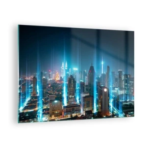 Tablou pe sticlă - Un oraș nocturn cu clădiri înalte și dâre de lumină - 70x50cm - Prin Berlin spre cer - Decorațiune modernă pentru perete pentru living și dormitor ARTTOR