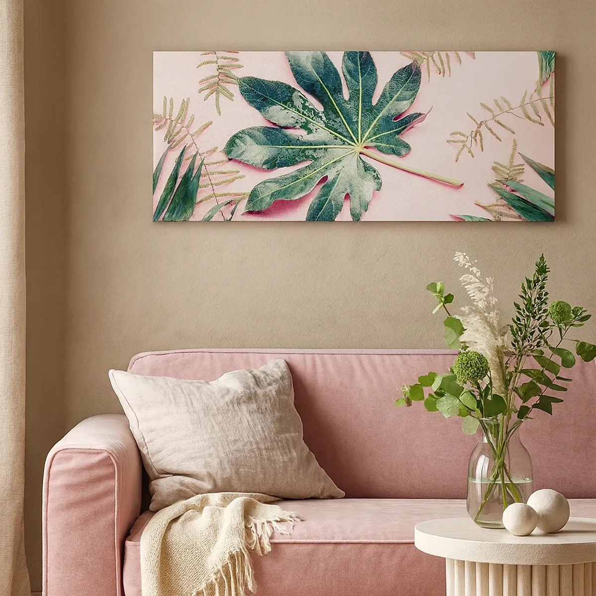 Tablou pe pânză - Studiu de verdeață pe un fundal roz - 30x30 cm