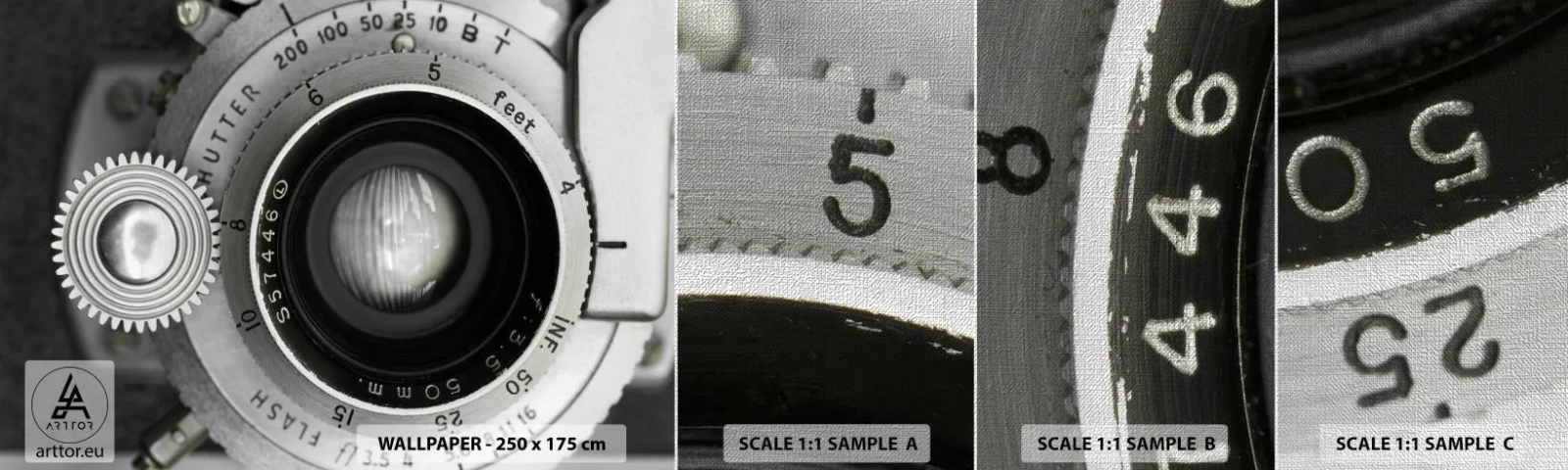 Mostră tapet Premium Canvas - Povestea de la Hollywood - aparat foto, alb-negru, Epocă - 100x30 cm