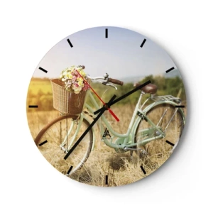Ceas de perete - Ceas pe sticlă - O bicicletă cu un coș plin de flori pe un câmp într-o zi însorită - 30x30cm - Mă odihnesc aici un pic - Decorațiune modernă pentru perete pentru living, bucătărie și dormitor ARTTOR