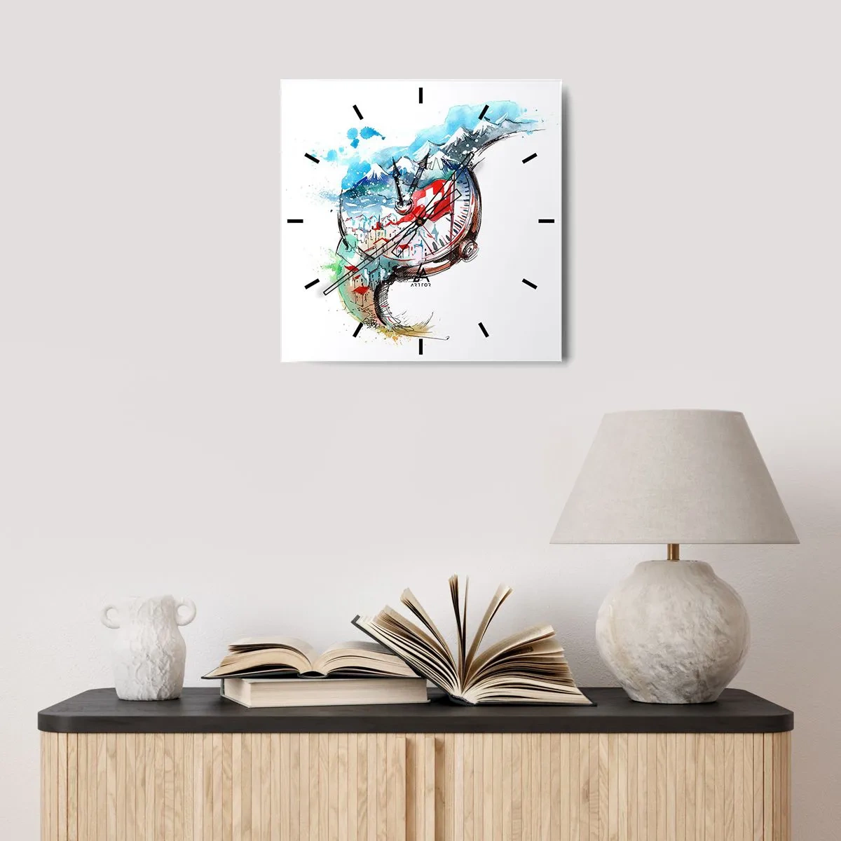 Ceas de perete - Ceas pe sticlă - Spiritul Elveției - 30x30 cm