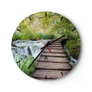 Ceas de perete - Ceas pe sticlă - Un pod de lemn peste o cascadă înconjurat de verdeață - 30x30cm - Nu este deloc o apă liniștită - Decorațiune modernă pentru perete pentru living, bucătărie și dormitor ARTTOR