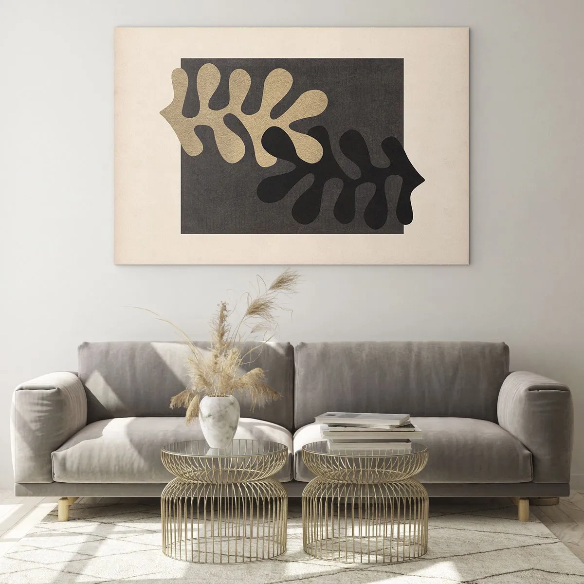 Tablou pe sticlă - Forme abstracte în negru și bej pe un fundal geometric - 70x50cm - Absență și completare - Decorațiune modernă pentru perete pentru living și dormitor ARTTOR