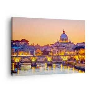 Tablou pe pânză Canvas - Panoramă a Vaticanului la apus, cu un pod peste râu - 70x50cm - Amurg deasupra Orașului Etern - Decorațiune modernă pentru perete pentru living și dormitor ARTTOR