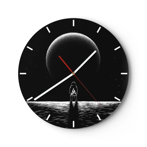 Ceas de perete - Ceas pe sticlă - Silueta unui astronaut în fața unei planete mari în spațiu - 30x30cm - Față în față - Decorațiune modernă pentru perete pentru living, bucătărie și dormitor ARTTOR