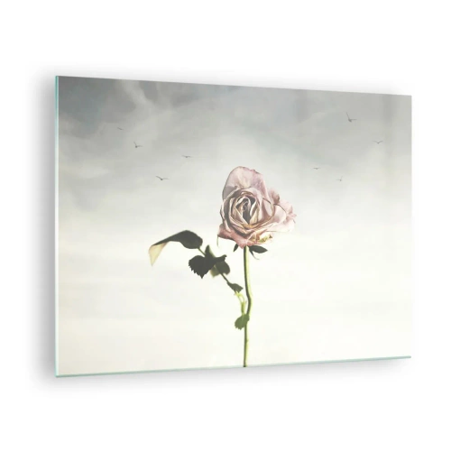 Tablou pe sticlă - Un trandafir delicat pe cer cu păsări în zbor - 70x50cm - Primăvara binevenită - Decorațiune modernă pentru perete pentru living și dormitor ARTTOR