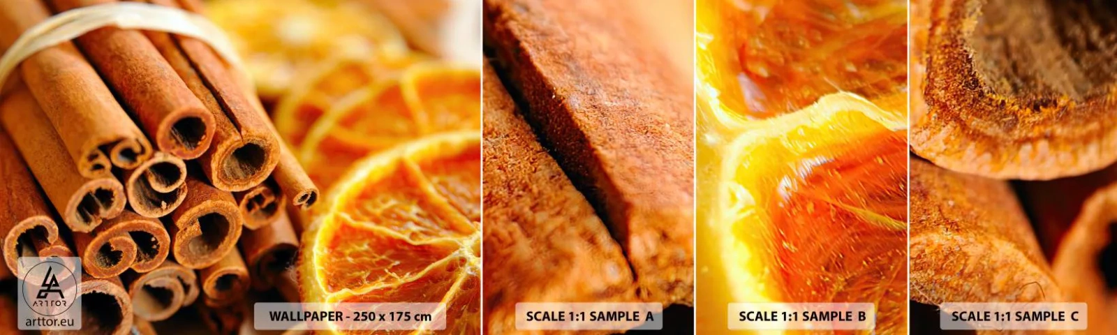 Mostră de Tapet Standard Eco - Poți să le simți aroma? - Portocale, Bat de scortisoara, Condimente - 100x30 cm