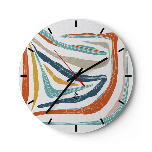 Ceas de perete - Ceas pe sticlă - Valuri și linii colorate și dinamice creează un model abstract vesel. - 30x30cm - Abstracție prietenoasă și zâmbitoare - Decorațiune modernă pentru perete pentru living, bucătărie și dormitor ARTTOR