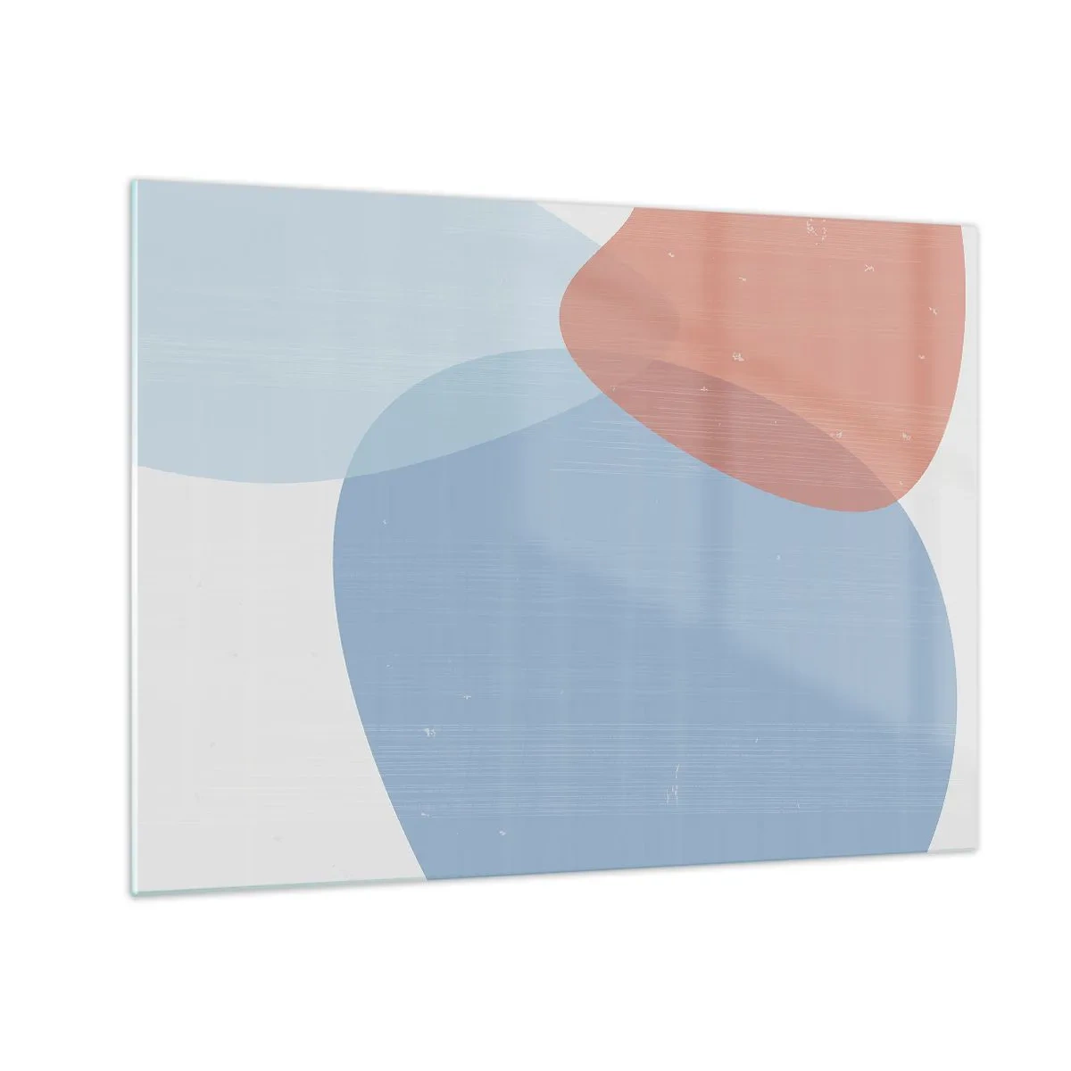 Tablou pe sticlă - Abstracție modernă cu forme albastre și roz - 70x50cm - Relații pastelate - Decorațiune modernă pentru perete pentru living și dormitor ARTTOR