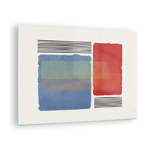 Tablou pe sticlă - Compoziție geometrică cu dreptunghiuri roșii și albastre - 70x50cm - Spiritul și litera geometriei - Decorațiune modernă pentru perete pentru living și dormitor ARTTOR