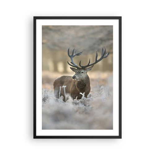Poster în ramă neagră - Un cerb impunător într-un cadru de pădure de iarnă - 50x70cm - O dimineață răcoroasă - Decorațiune modernă pentru perete pentru living și dormitor ARTTOR