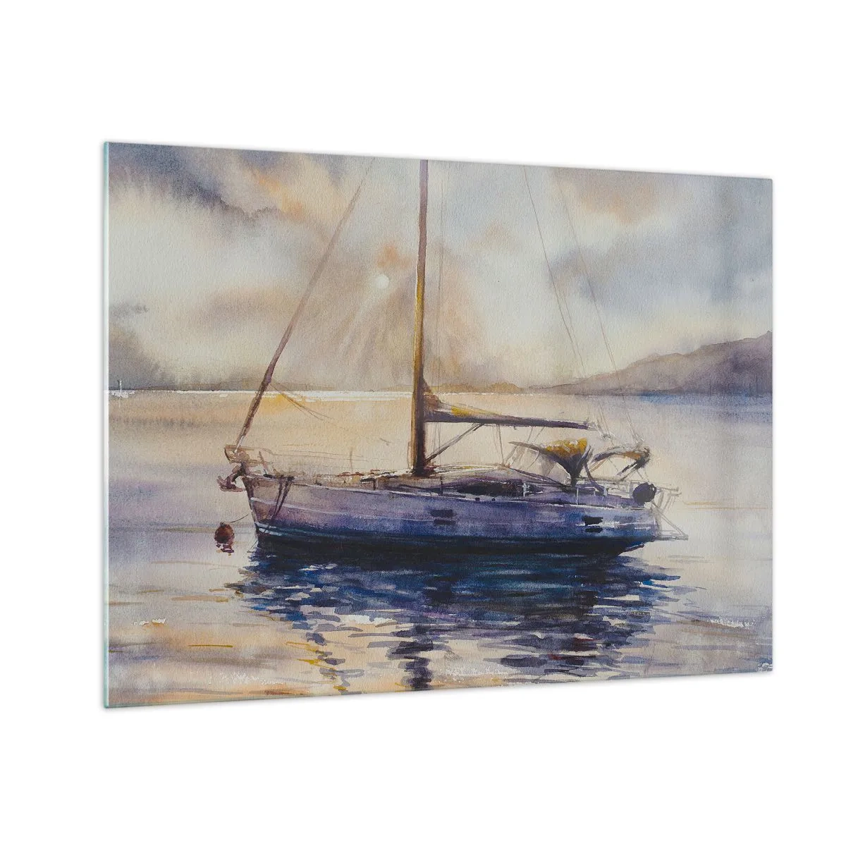 Tablou pe sticlă - Un iaht ancorat într-un golf liniștit la amurg - 70x50cm - O seară în golf - Decorațiune modernă pentru perete pentru living și dormitor ARTTOR
