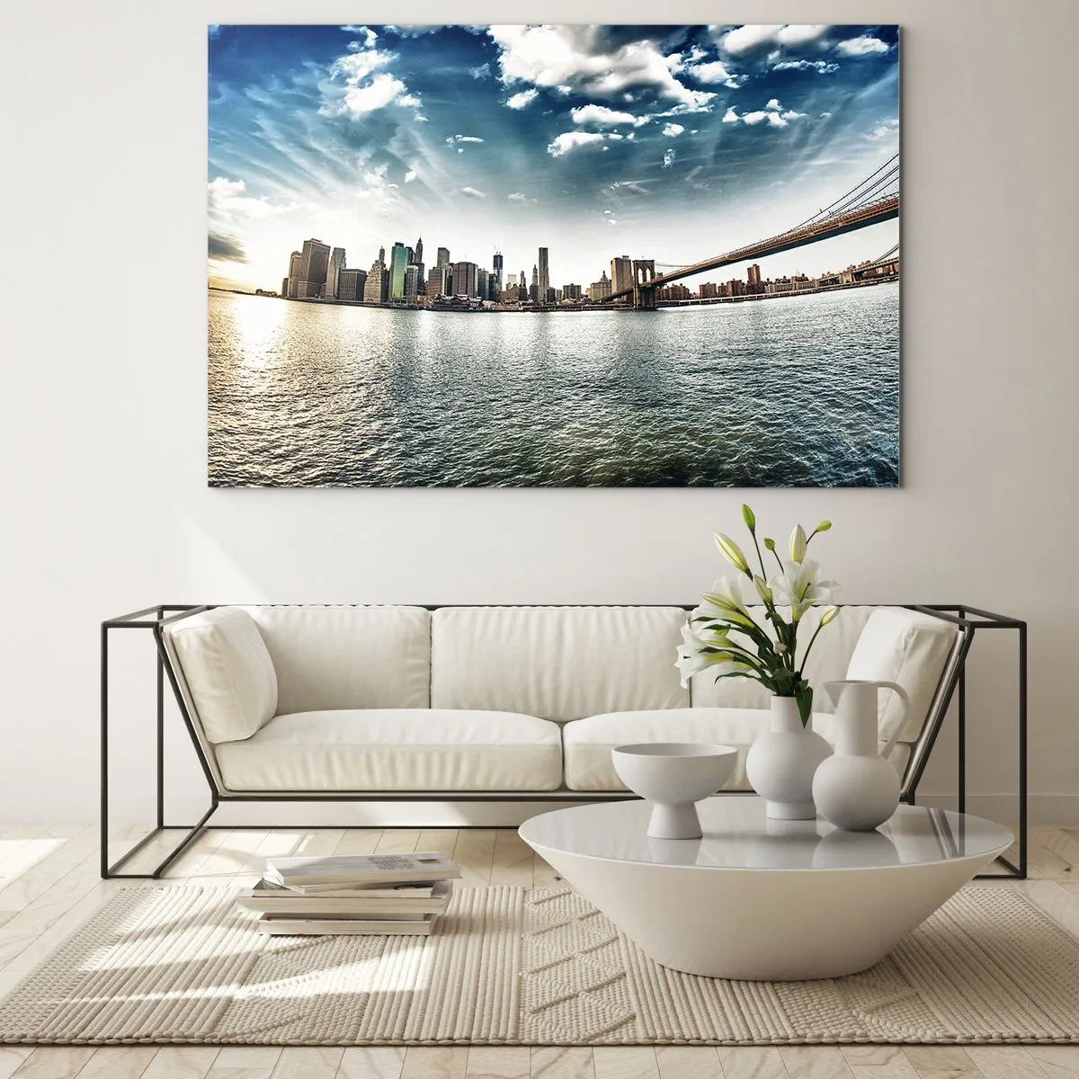 Tablou pe sticlă - Panoramă a orașului New York cu podul Brooklyn - 70x50cm - Insula de sticlă - Decorațiune modernă pentru perete pentru living și dormitor ARTTOR
