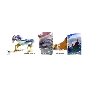 Mostră tapet autocolant Deluxe Sticker - De pe pajiște direct spre cer - Cal, Abstracția, Peisaj - 100x30 cm