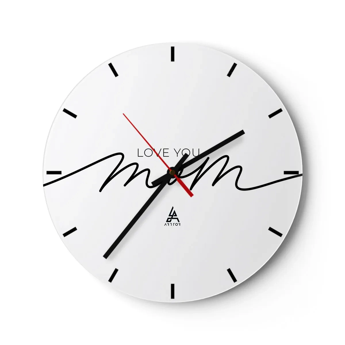 Ceas de perete - Ceas pe sticlă - Inscripția „Te iubesc, mamă” pe fundal alb, într-un stil elegant - 30x30cm - Mare emoție - Decorațiune modernă pentru perete pentru living, bucătărie și dormitor ARTTOR