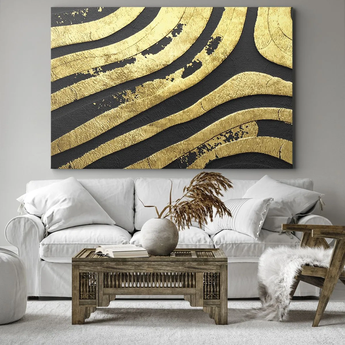 Tablou pe pânză Canvas - Valuri abstracte aurii pe fundal negru - 70x50cm - Totul curge - Decorațiune modernă pentru perete pentru living și dormitor ARTTOR