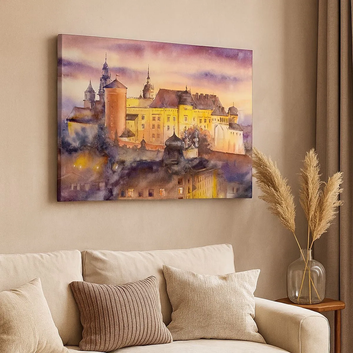 Tablou pe pânză Canvas - pictură pitorească în acuarelă a unui castel la apus - 70x50cm - Poveste și basm - Decorațiune modernă pentru perete pentru living și dormitor ARTTOR