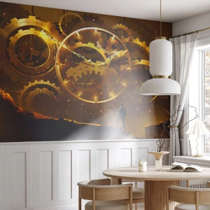 Tapet Standard Eco - Mecanisme de ceasornic aurii cu o figură în fundal, în stil steampunk - 100x70cm - La sursa timpului - Decorațiune modernă pentru perete pentru living și dormitor ARTTOR