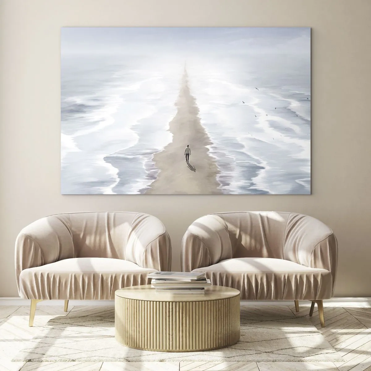 Tablou pe sticlă - O figură mergând singură spre orizont printre valuri - 70x50cm - Un viitor luminos - Decorațiune modernă pentru perete pentru living și dormitor ARTTOR