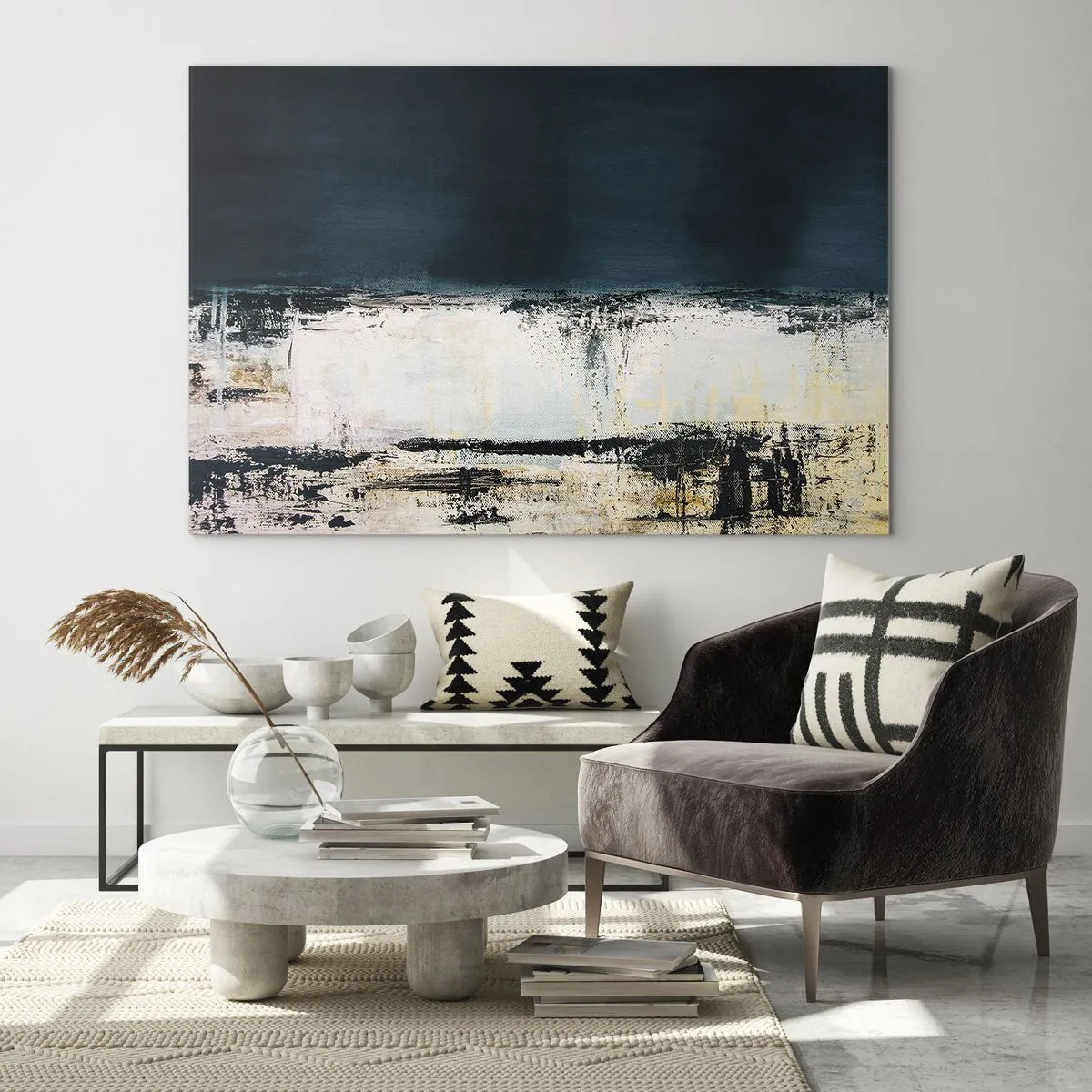 Tablou pe sticlă - Peisaj abstract în nuanțe de albastru marin și alb - 70x50cm - Compoziție orizontală - Decorațiune modernă pentru perete pentru living și dormitor ARTTOR