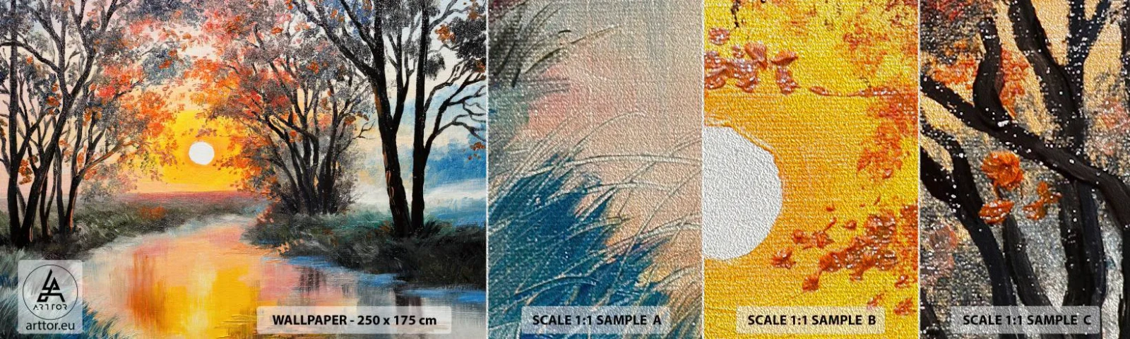 Mostră tapet Premium Sand - Atmosferă de toamnă - Peisaj, Râu, Copaci - 100x30 cm