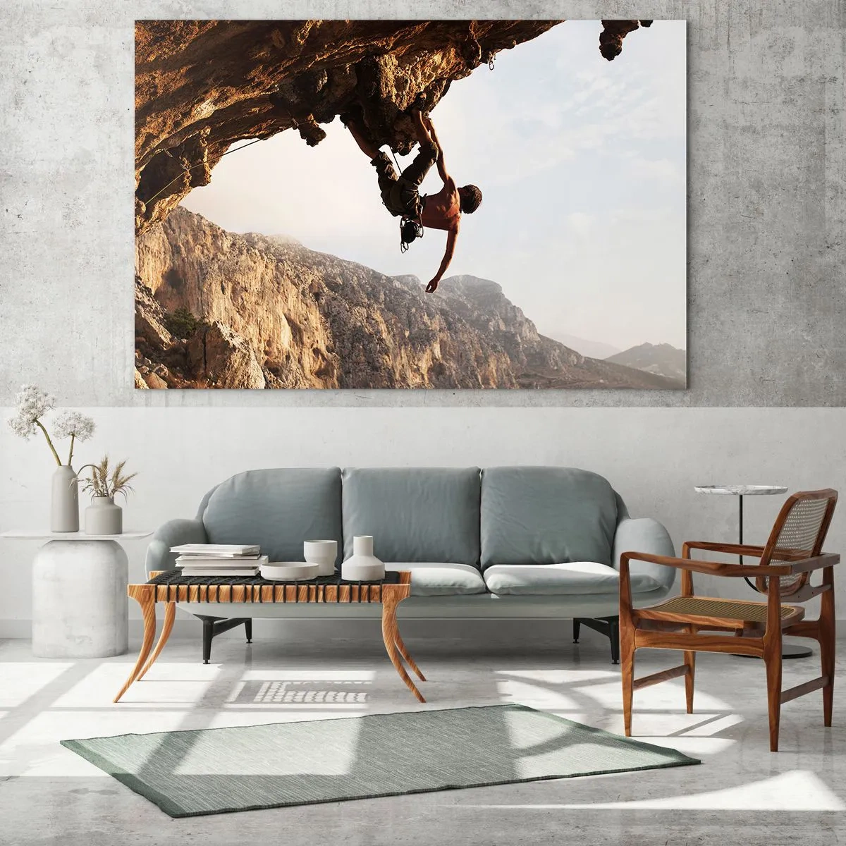 Tablou pe sticlă - Urcând pe o stâncă verticală într-un peisaj montan - 70x50cm - Lumea s-a micșorat într-un pumn pe un afloriment de bolovani - Decorațiune modernă pentru perete pentru living și dormitor ARTTOR