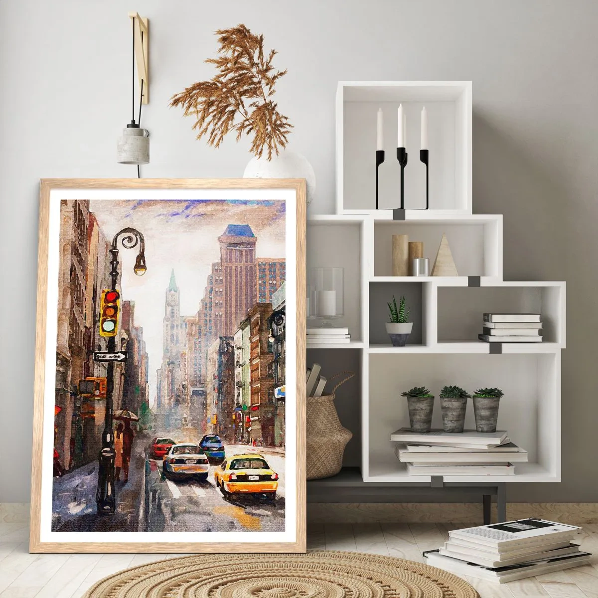 Poster în ramă de stejar deschis - New York - plin de culoare și în ploaie - 50x70 cm