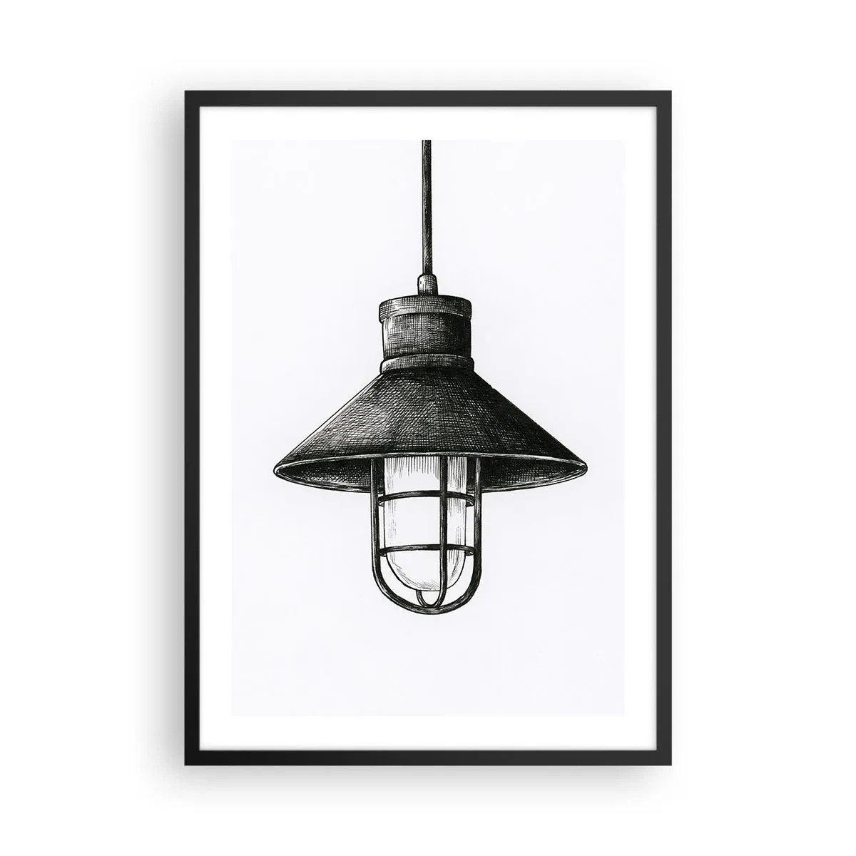 Poster în ramă neagră - Schiță a unei lămpi suspendate industriale - 50x70cm - Cu mulți ani în urmă... - Decorațiune modernă pentru perete pentru living și dormitor ARTTOR